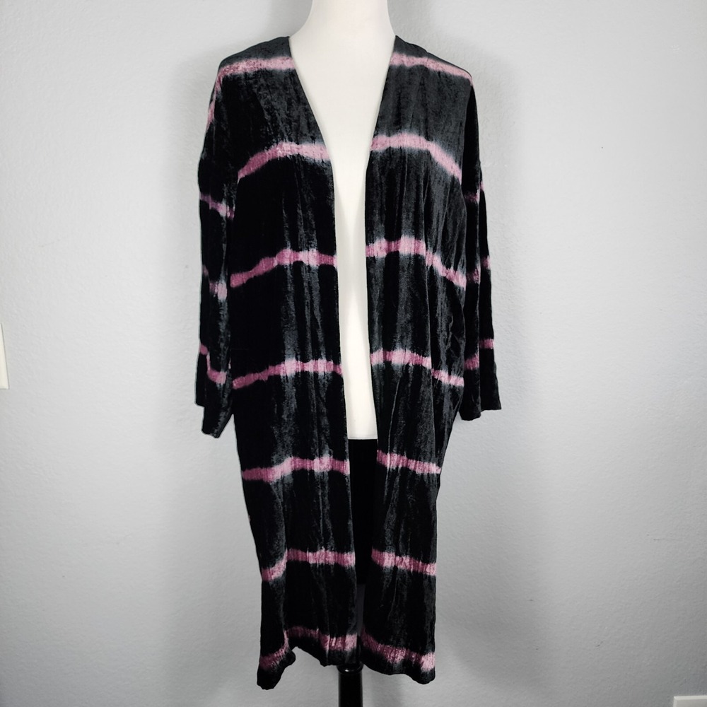 J. Jill‎ Velvet Tie Dye Stripe Open Front Duster Cardigan Black Pink Lined